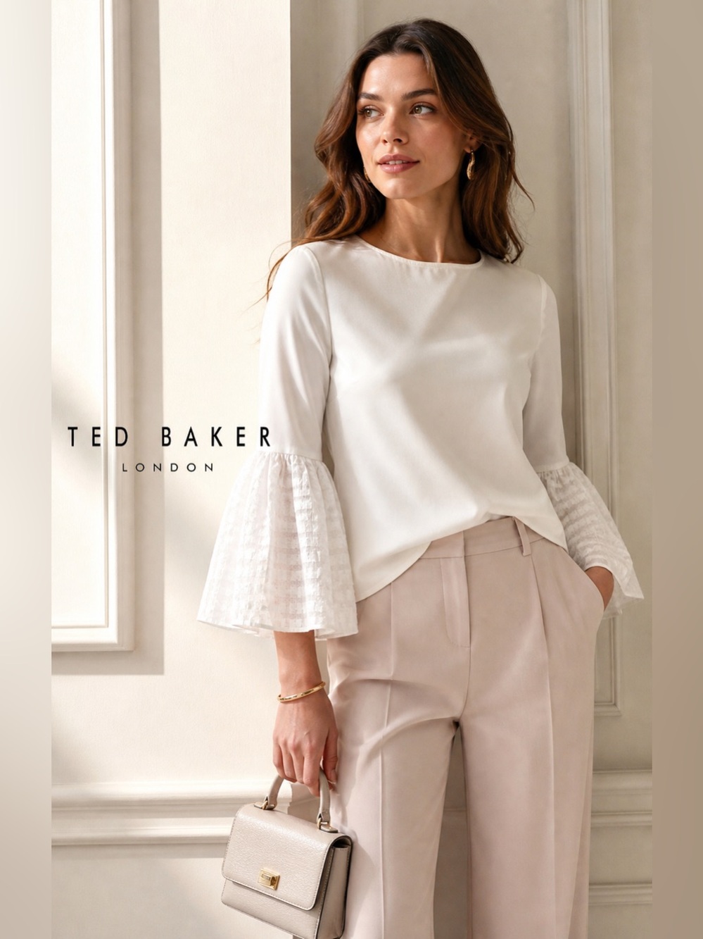 Ted Baker White Galilee Cotton Blouse with Lace Bell Sleeves size 6 preppy